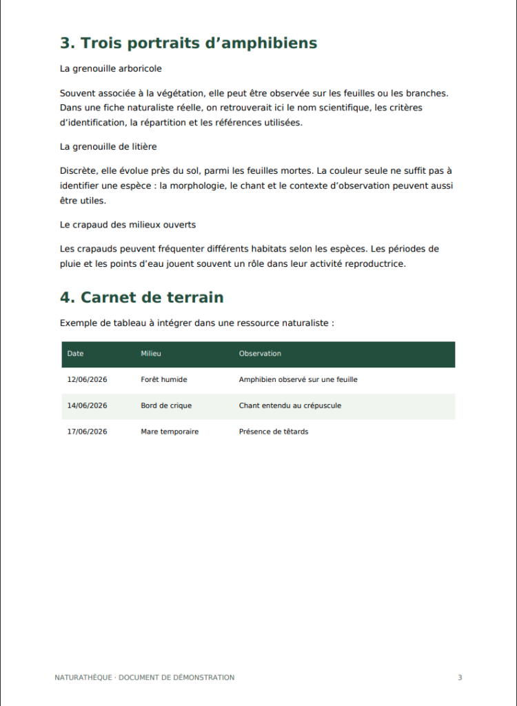 Page naturaliste sur amphibiens avec carnet de terrain